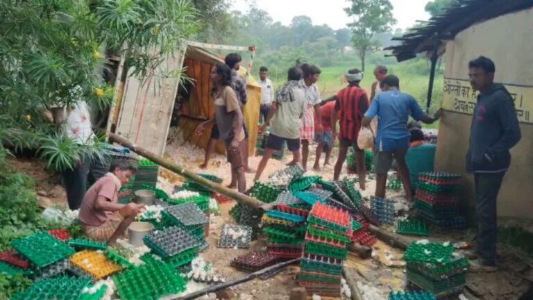 सड़क पर पलटी अंडों से भरी पिकअप, बाल्टी-थैली लेकर टूट पड़े लोग..