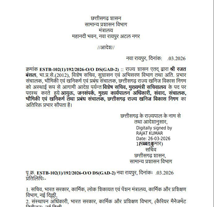 छत्तीसगढ़ में प्रशासनिक फेरबदल: रजत बंसल को नई जिम्मेदारी, रवि मित्तल PMO के लिए रिलीव