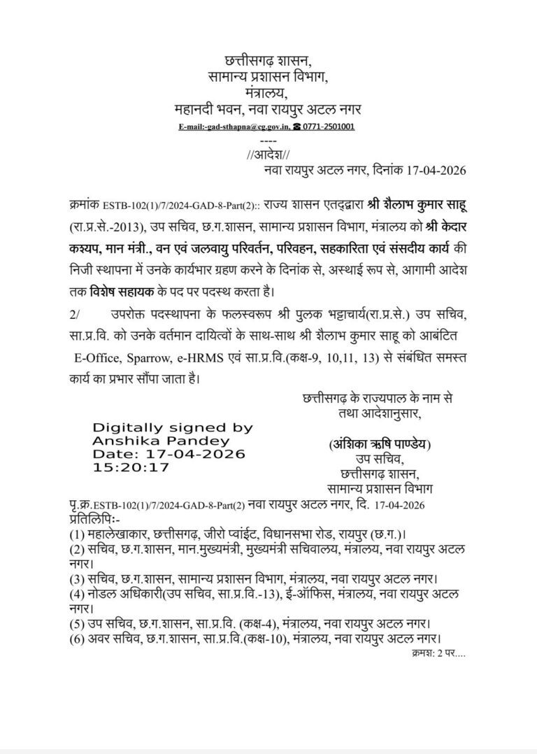 शैलाभ साहू बने मंत्री केदार कश्यप के विशेष सहायक, सामान्य प्रशासन विभाग का आदेश जारी