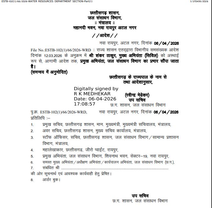 जल संसाधन विभाग में बड़ा फेरबदल, कई मुख्य अभियंताओं को नई जिम्मेदारी