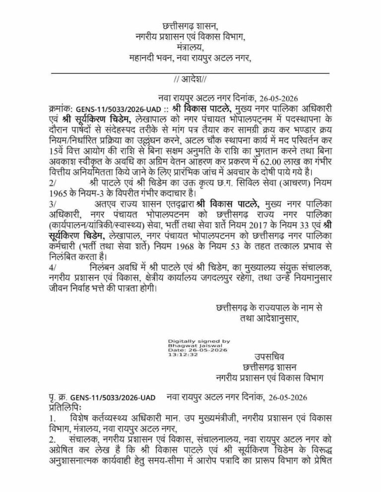 62 लाख की वित्तीय गड़बड़ी मामले में भोपालपटनम के सीएमओ और लेखापाल निलंबित