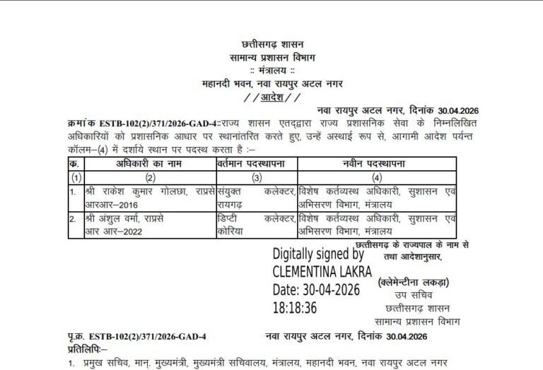 छत्तीसगढ़ में 2 RAS अधिकारियों का तबादला, मंत्रालय में नई जिम्मेदारी