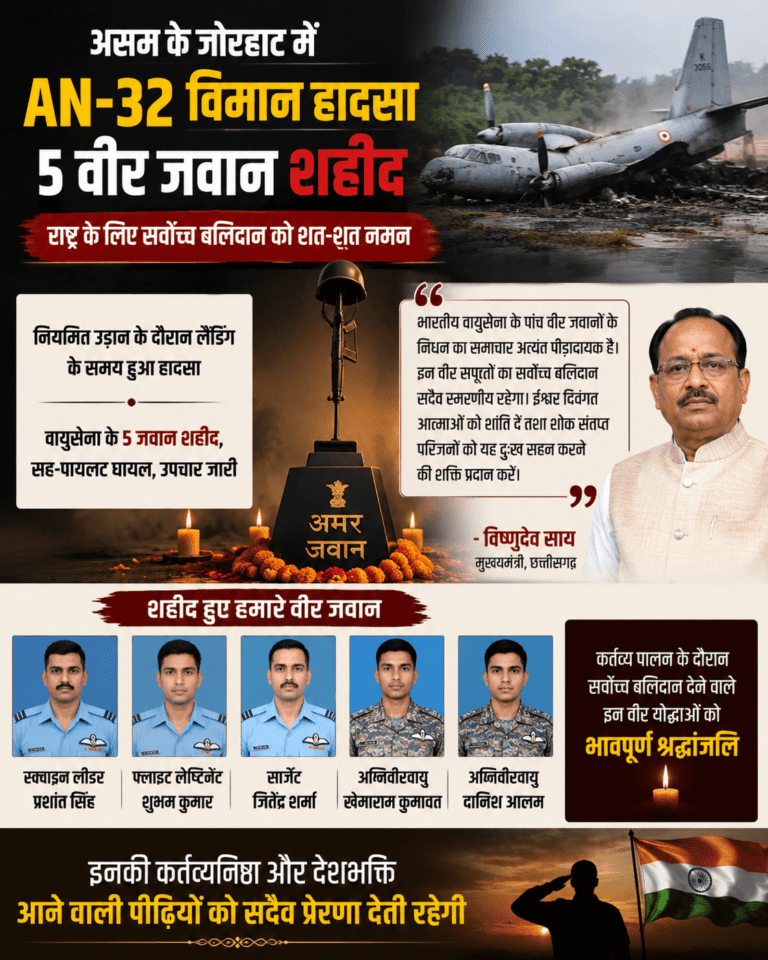 AN-32 विमान हादसे में वायुसेना के 5 जवानों की मौत, मुख्यमंत्री साय ने जताया शोक