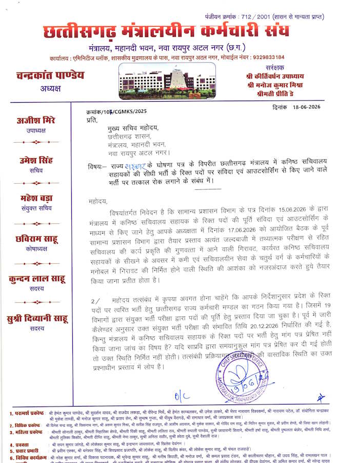 मंत्रालय में आउटसोर्सिंग भर्ती का विरोध, कर्मचारी संघ ने नियमित भर्ती की उठाई मांग