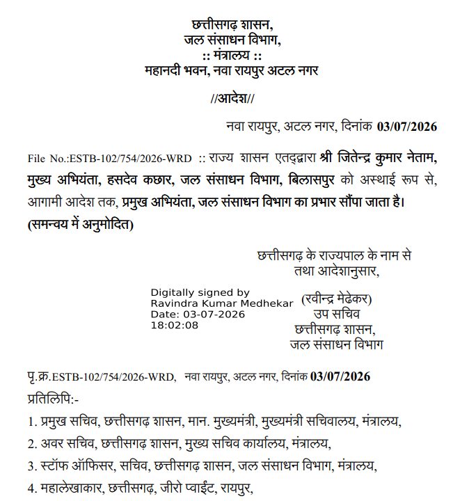 जितेन्द्र कुमार नेताम को प्रमुख अभियंता जल संसाधन विभाग का अतिरिक्त प्रभार