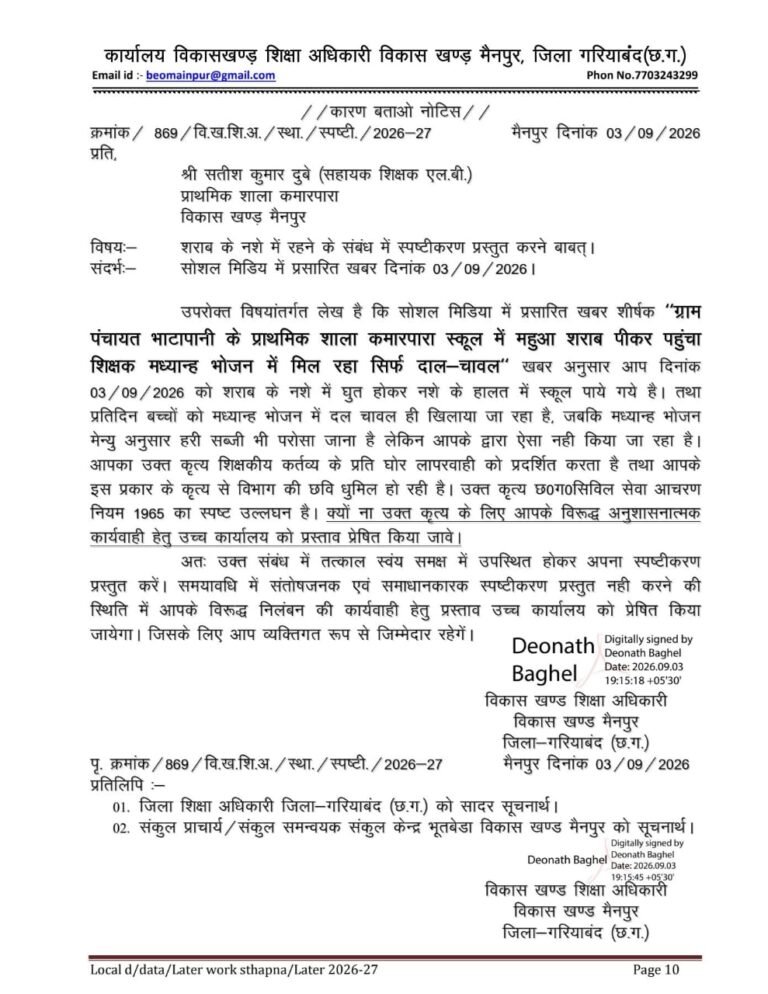 स्कूल में शराब पीने का आरोप, सहायक शिक्षक को शो-कॉज नोटिस
