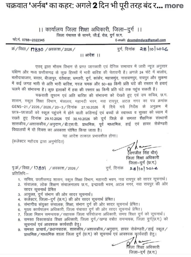 छत्तीसगढ़ में स्कूलों की छुट्टी: चक्रवात ‘अर्नब’ का असर जारी, दुर्ग-कबीरधाम समेत कई जिलों में 30 अक्टूबर को अवकाश